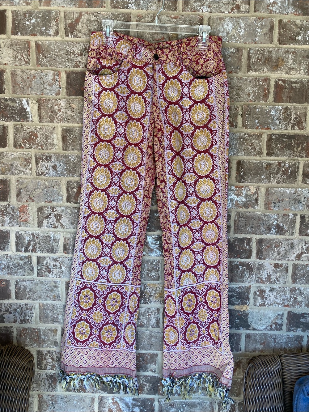 Jayli Hippie Boho Burgandy Gold wide leg Pants Size L Nepal